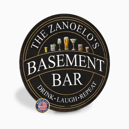 Personalized Basement Bar Sign, Custom Round Black and Gold Bar Sign, Drink Laugh Repeat, Family Name Sign, Made in USA, Gift for Him