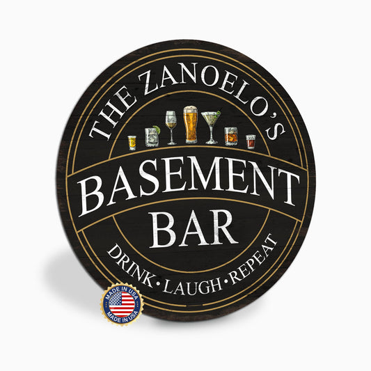 Personalized Basement Bar Sign, Custom Round Black and Gold Bar Sign, Drink Laugh Repeat, Family Name Sign, Made in USA, Gift for Him
