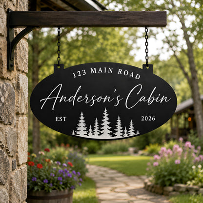 Personalized Cabin Address Metal Sign, Custom Hanging Outdoor Plaque, Pine Tree Address Sign,Cabin Name Plaque, Outdoor Hanging Sign
