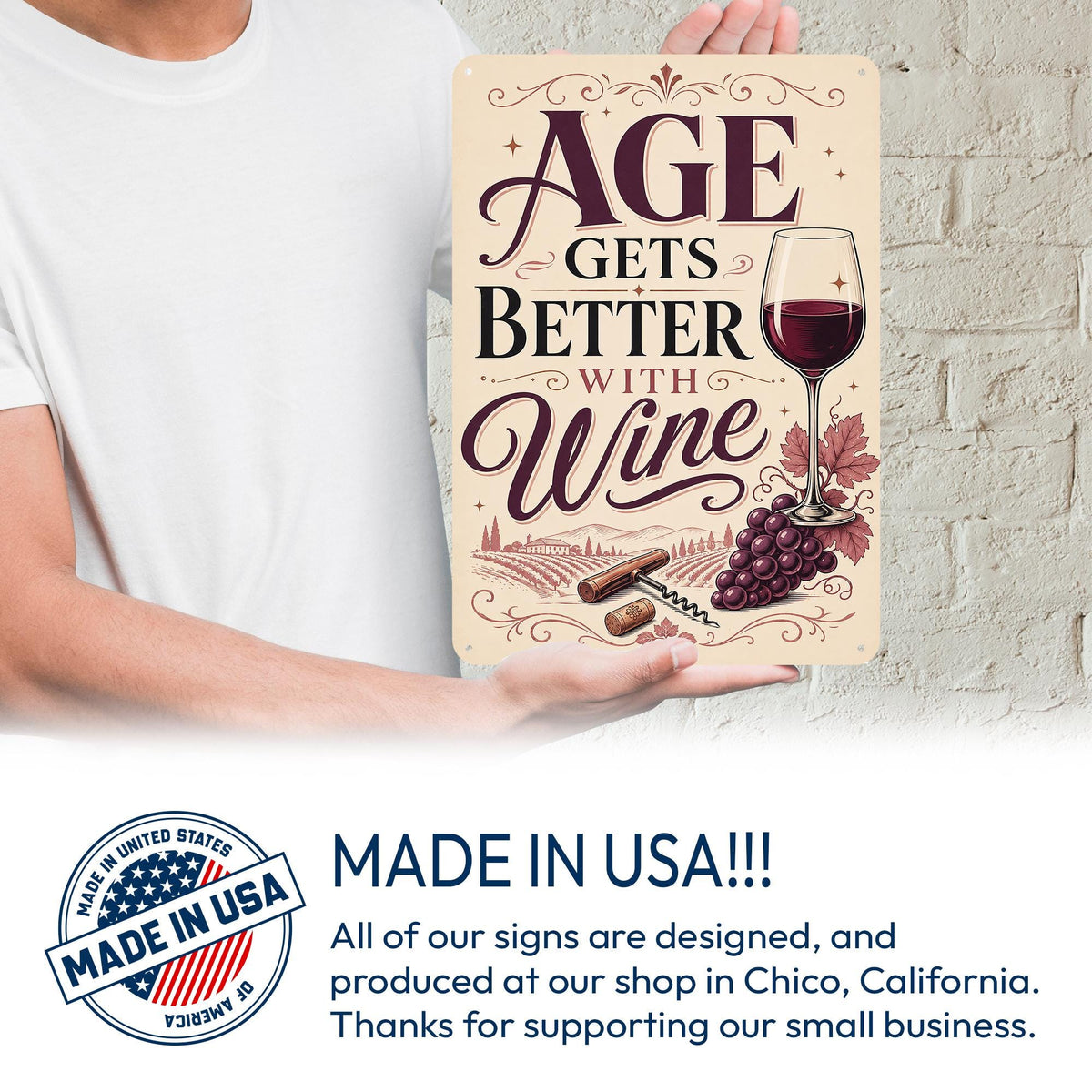 Age Gets Better With Wine Metal Sign, Wine Signs, Wine Humor,  Wine Kitchen Decor, Winery Decor, Wine Lover Gift, Gift For Her, Made in USA