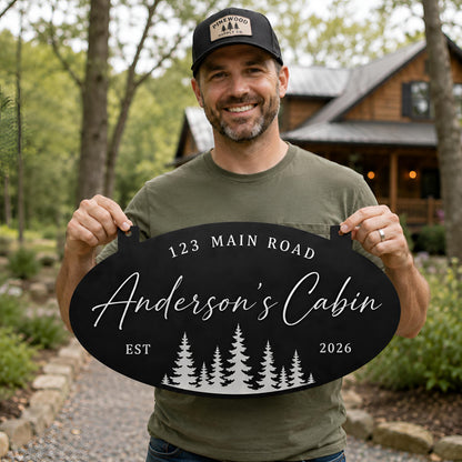 Personalized Cabin Address Metal Sign, Custom Hanging Outdoor Plaque, Pine Tree Address Sign,Cabin Name Plaque, Outdoor Hanging Sign