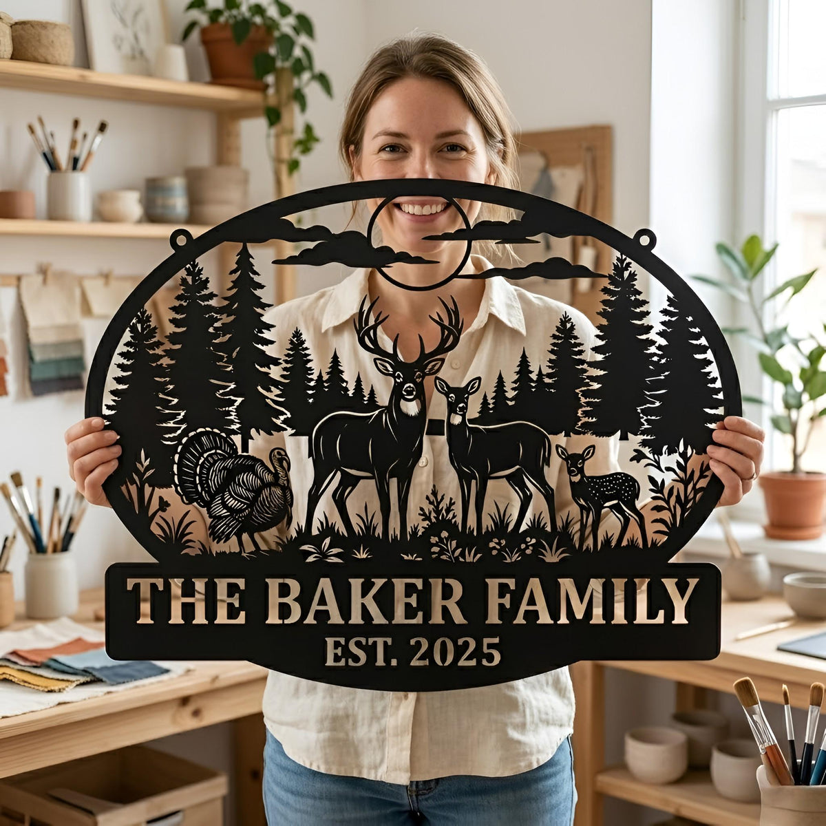 Personalized Hunting Family Sign, Custom Deer and Turkey Metal Wall Art, Established Date Farmhouse, Cabin Decor, Farmhouse or Cabin Gift