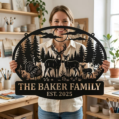 Personalized Hunting Family Sign, Custom Deer and Turkey Metal Wall Art, Established Date Farmhouse, Cabin Decor, Farmhouse or Cabin Gift