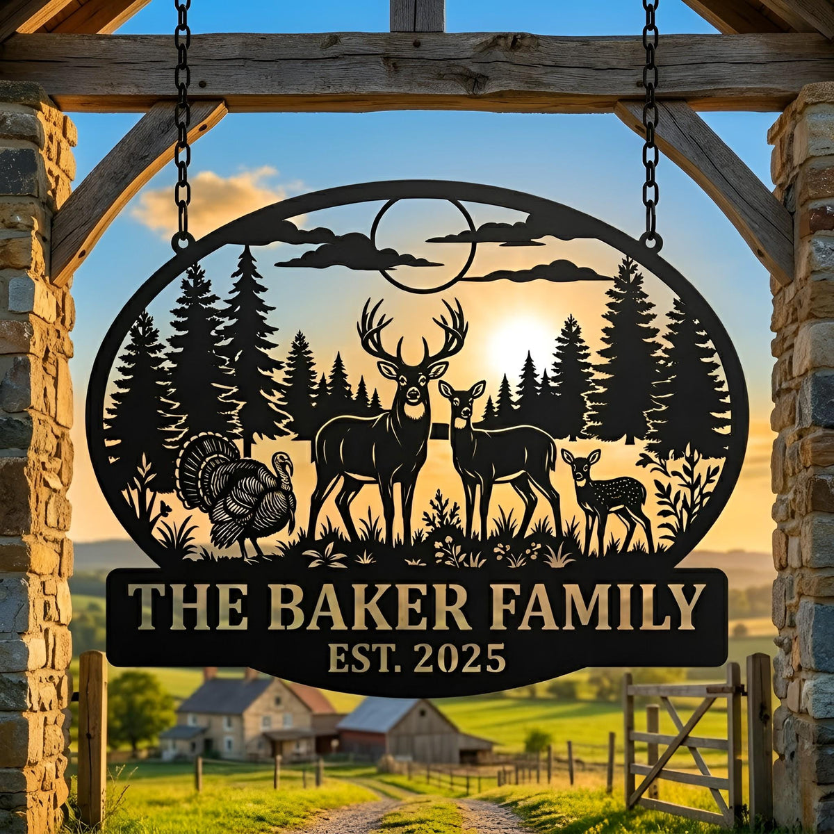 Personalized Hunting Family Sign, Custom Deer and Turkey Metal Wall Art, Established Date Farmhouse, Cabin Decor, Farmhouse or Cabin Gift