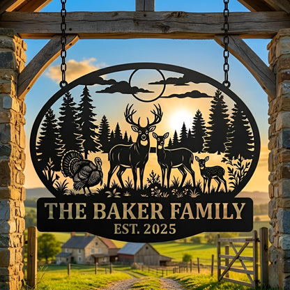 Personalized Hunting Family Sign, Custom Deer and Turkey Metal Wall Art, Established Date Farmhouse, Cabin Decor, Farmhouse or Cabin Gift