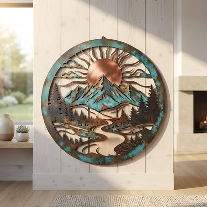 Rustic Mountain Metal Wall Art, Forest Sunrise Round Wall Decor, Cabin House Decor, Pine Forest Sunrise Art,Nature Lover Gift