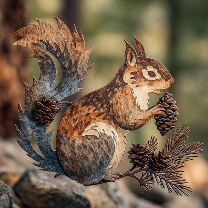 UV Printed Aluminum Squirrel Wall Art, Rustic Woodland Patio Decor