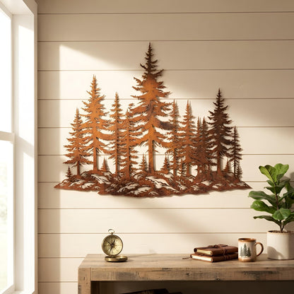 Rustic Pine Forest Metal Wall Art, Woodland Tree Silhouette, Nature Decor for Cabin, Lodge, Farmhouse or Living Room, Cabin House Gift