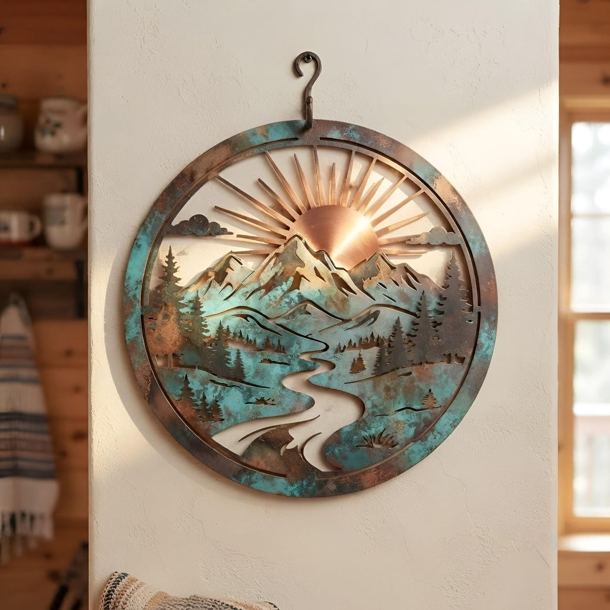 Mountain Metal Wall Art, Rustic Sunrise Landscape Decor, Pine Forest River Scene, Cabin Lodge Farmhouse Wall Hanging