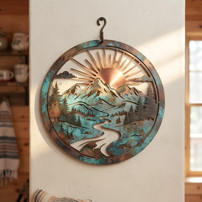 Mountain Metal Wall Art, Rustic Sunrise Landscape Decor, Pine Forest River Scene, Cabin Lodge Farmhouse Wall Hanging