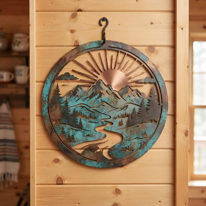 Mountain Metal Wall Art, Rustic Sunrise Landscape Decor, Pine Forest River Scene, Cabin Lodge Farmhouse Wall Hanging