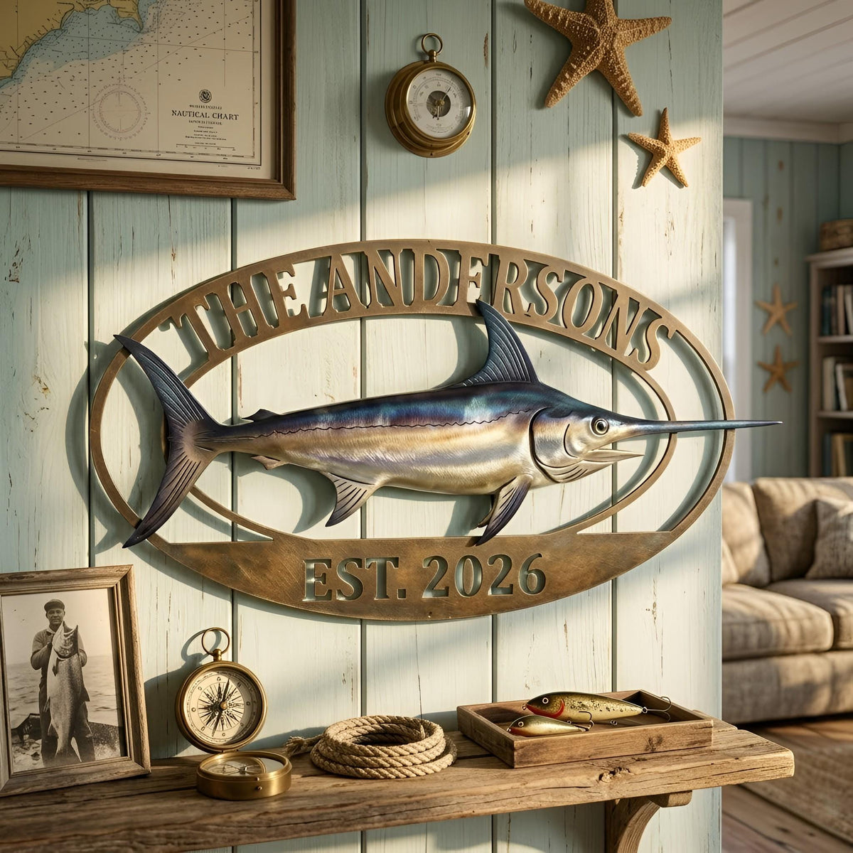Personalized Swordfish Metal Sign, Custom Family Name Fishing Wall Art, Established Year Coastal Cabin Decor, Angler Gift