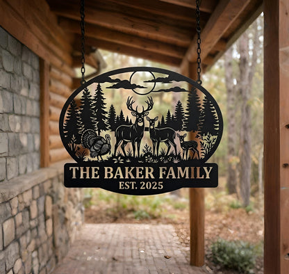 Personalized Hunting Family Sign, Custom Deer and Turkey Metal Wall Art, Established Date Farmhouse, Cabin Decor, Farmhouse or Cabin Gift