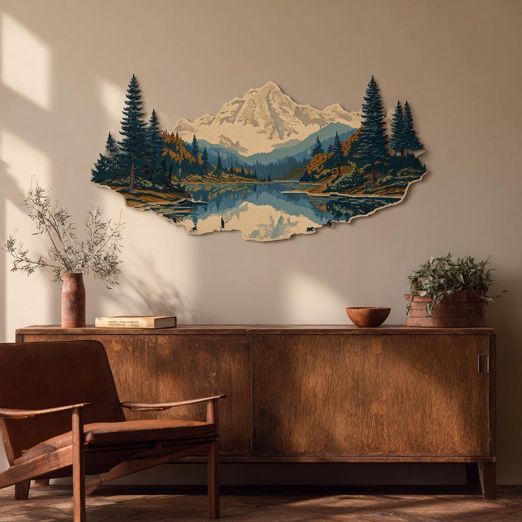 UV Printed Aluminum Mountain Lake Wall Art, Pine Forest Landscape Decor