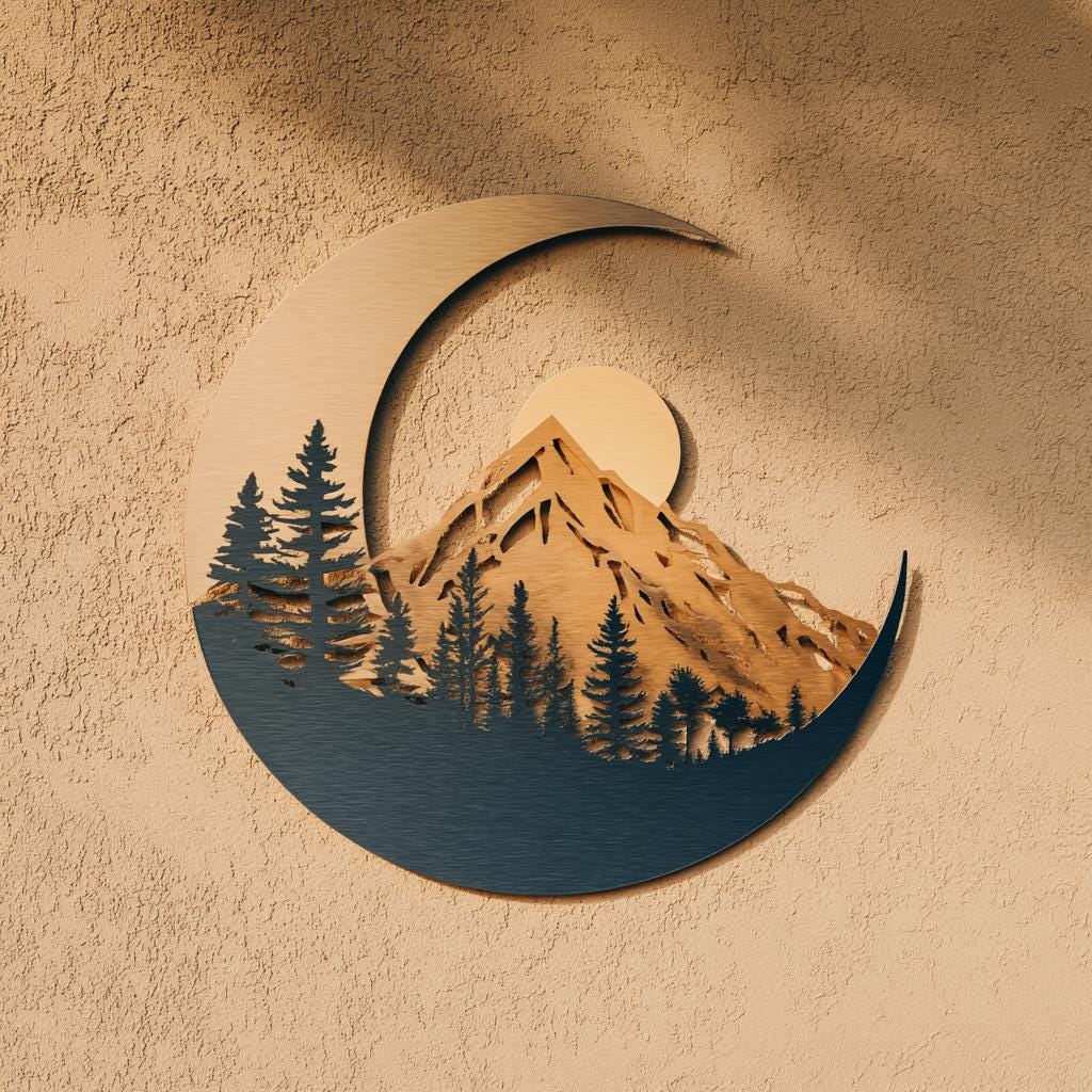 Moon Mountain Metal Art, Crescent Forest Scene, UV Printed Aluminum Wall Decor