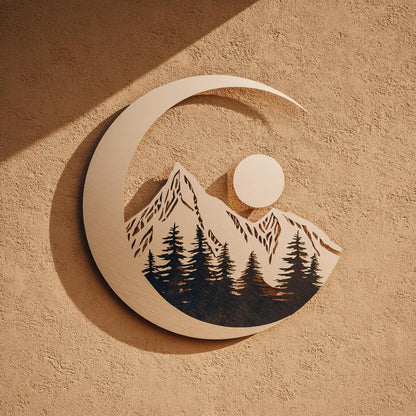 Moon Mountain Metal Art, Crescent Forest Scene, UV Printed Aluminum Wall Decor