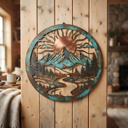Rustic Mountain Metal Wall Art, Forest Sunrise Round Wall Decor, Cabin House Decor, Pine Forest Sunrise Art,Nature Lover Gift