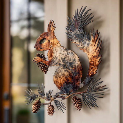 UV Printed Aluminum Squirrel Wall Art, Rustic Woodland Patio Decor