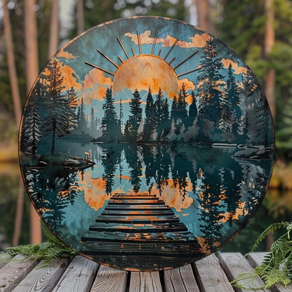 UV Printed Aluminum Metal Wall Art, Lake Dock Sunburst, Mountain Cabin Decor
