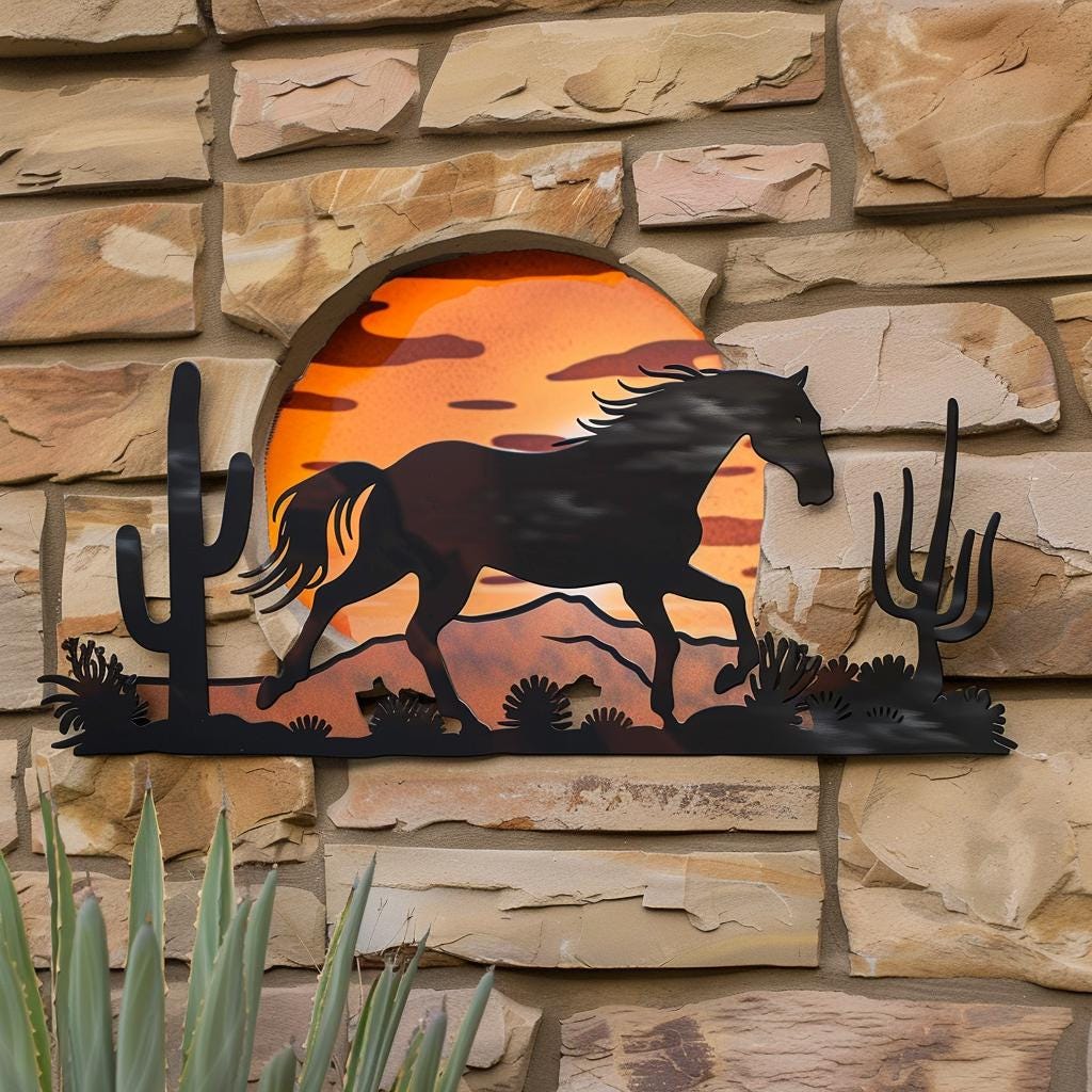 Wild Horse Sunburst Metal Wall Art, Southwestern Desert Ranch Decor, UV Printed Aluminum Sign