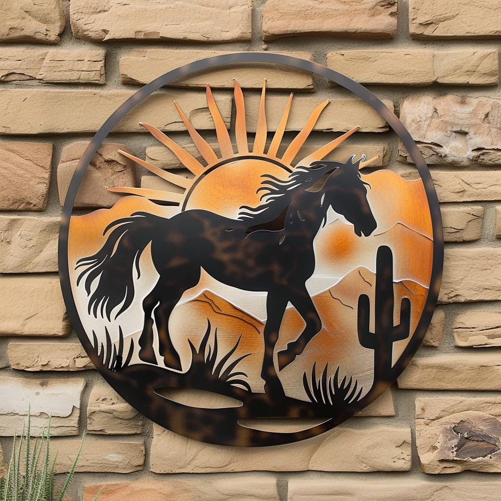 Wild Horse Sunburst Metal Wall Art, Southwestern Desert Ranch Decor, UV Printed Aluminum Sign