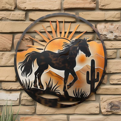 Wild Horse Sunburst Metal Wall Art, Southwestern Desert Ranch Decor, UV Printed Aluminum Sign
