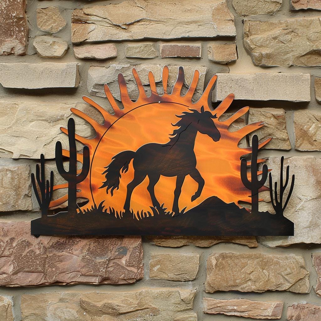 Wild Horse Sunburst Metal Wall Art, Southwestern Desert Ranch Decor, UV Printed Aluminum Sign