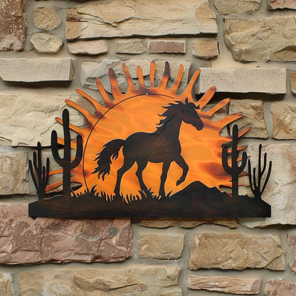 Wild Horse Sunburst Metal Wall Art, Southwestern Desert Ranch Decor, UV Printed Aluminum Sign