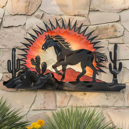 Wild Horse Sunburst Metal Wall Art, Southwestern Desert Ranch Decor, UV Printed Aluminum Sign