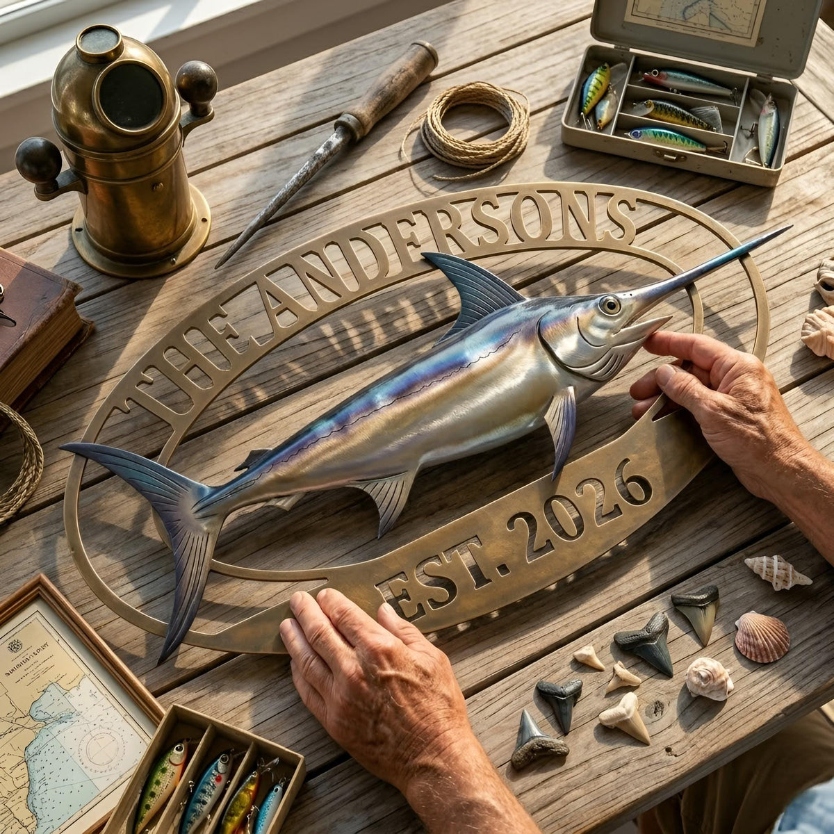 Personalized Swordfish Metal Sign, Custom Family Name Fishing Wall Art, Established Year Coastal Cabin Decor, Angler Gift