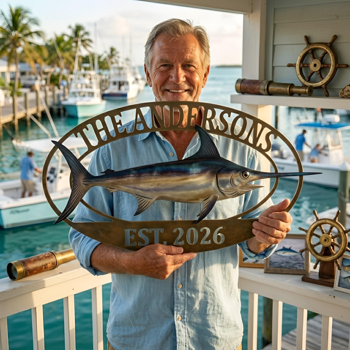 Personalized Swordfish Metal Sign, Custom Family Name Fishing Wall Art, Established Year Coastal Cabin Decor, Angler Gift