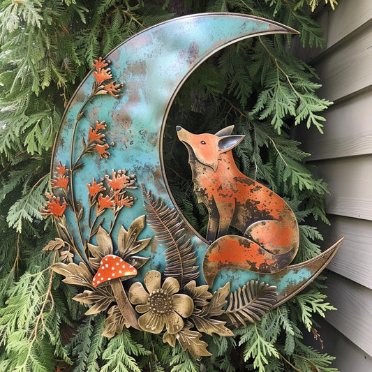 Crescent Moon Fox Metal Wall Art, Teal Patina Woodland Floral Decor, Rustic Cottagecore Sign