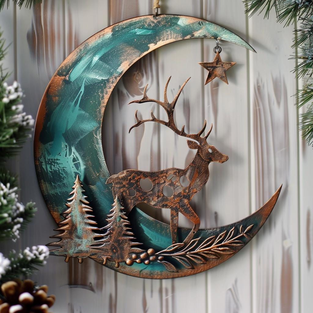 Crescent Moon Deer Metal Wall Art, Woodland Pine Branch Decor, Antique Copper Cabin Sign