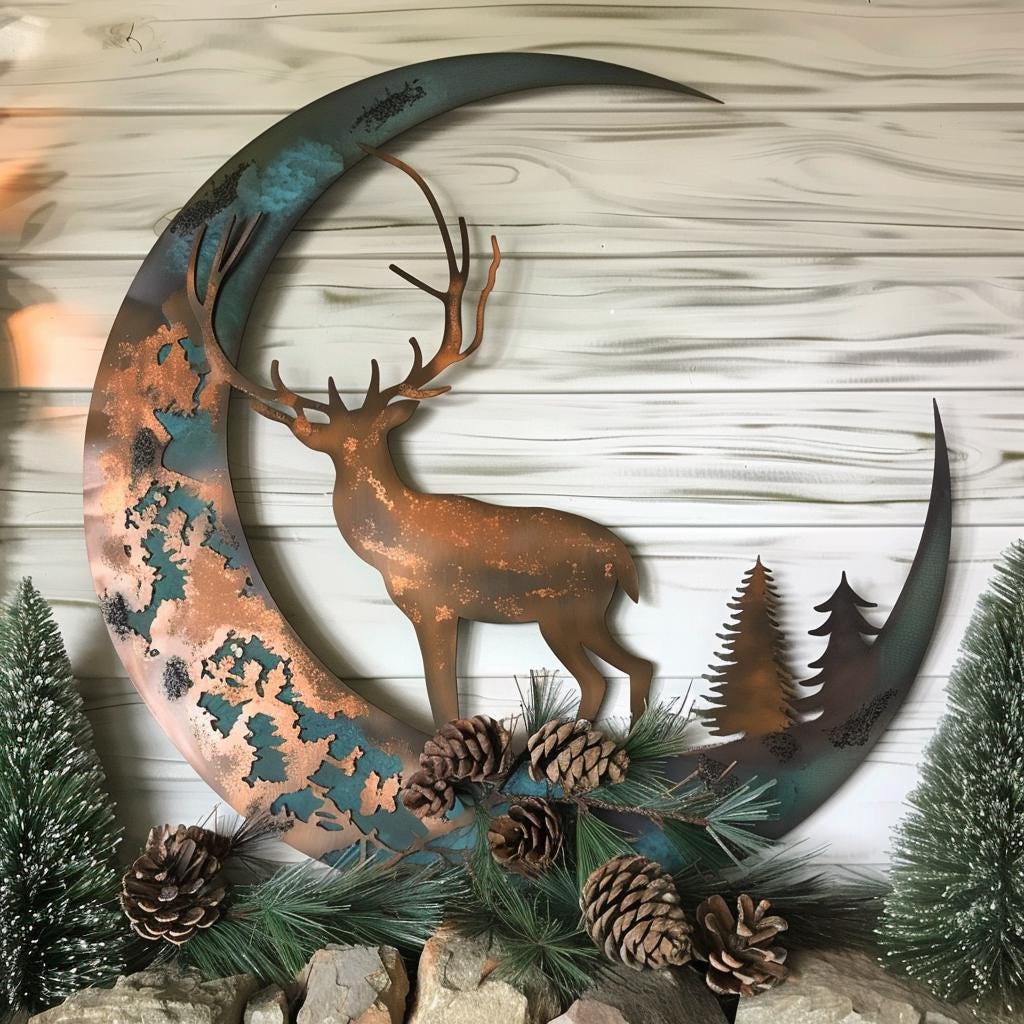 Crescent Moon Deer Metal Wall Art, Woodland Pine Branch Decor, Antique Copper Cabin Sign