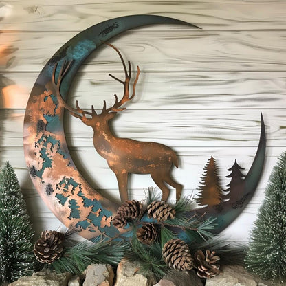 Crescent Moon Deer Metal Wall Art, Woodland Pine Branch Decor, Antique Copper Cabin Sign