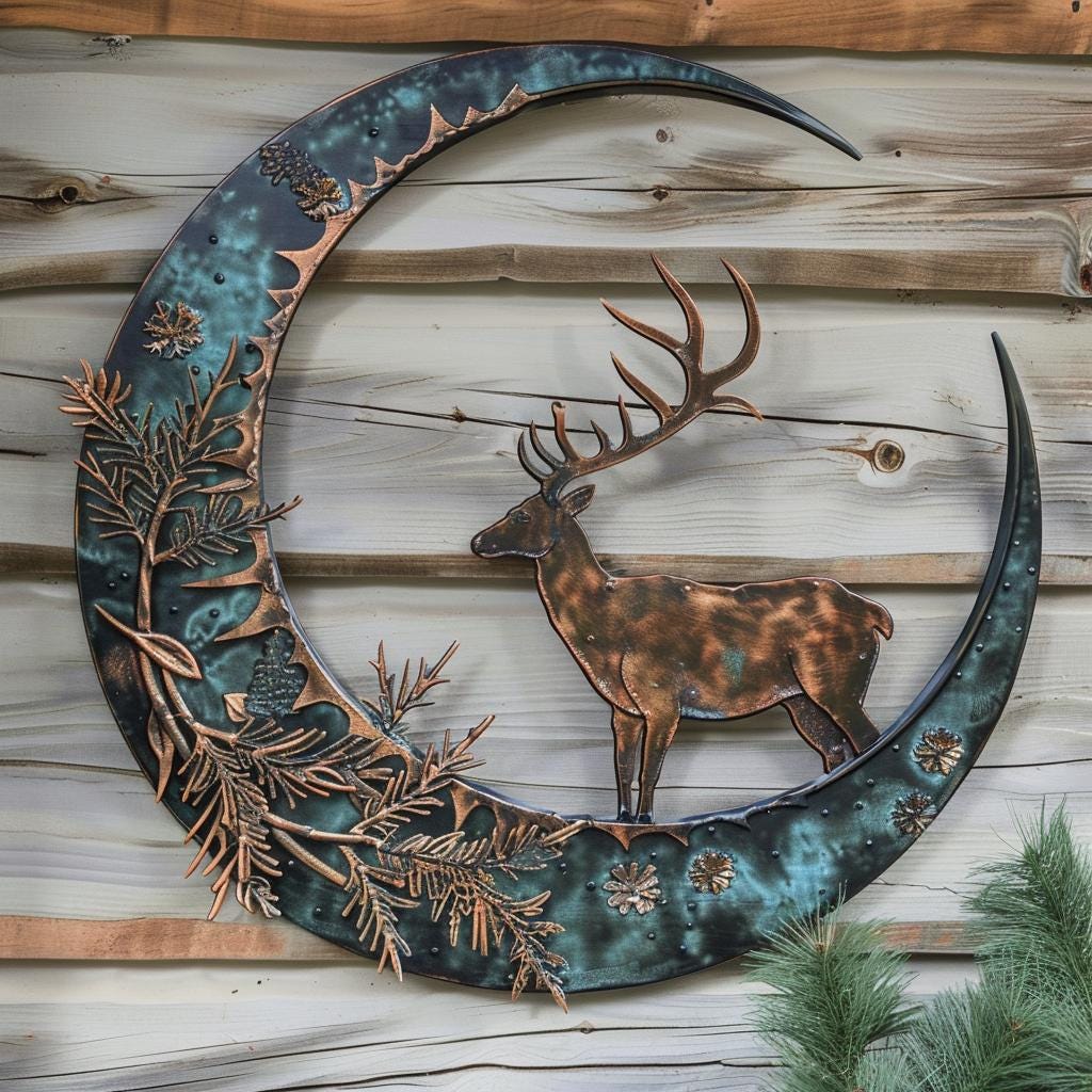 Crescent Moon Deer Metal Wall Art, Woodland Pine Branch Decor, Antique Copper Cabin Sign