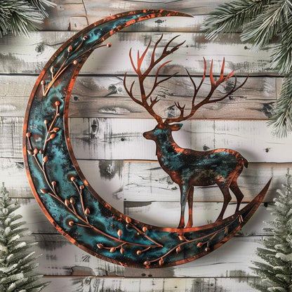 Crescent Moon Deer Metal Wall Art, Woodland Pine Branch Decor, Antique Copper Cabin Sign