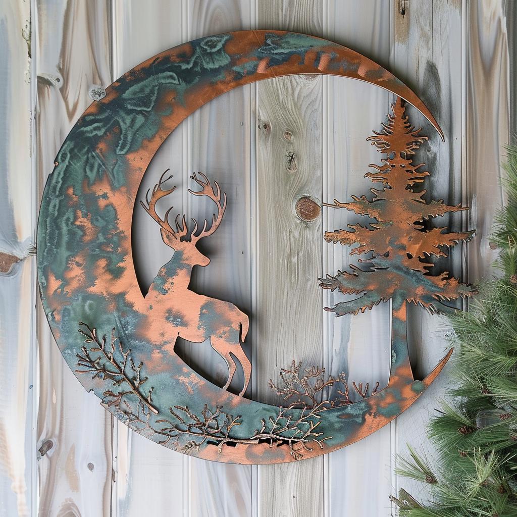 Crescent Moon Deer Metal Wall Art, Woodland Pine Branch Decor, Antique Copper Cabin Sign
