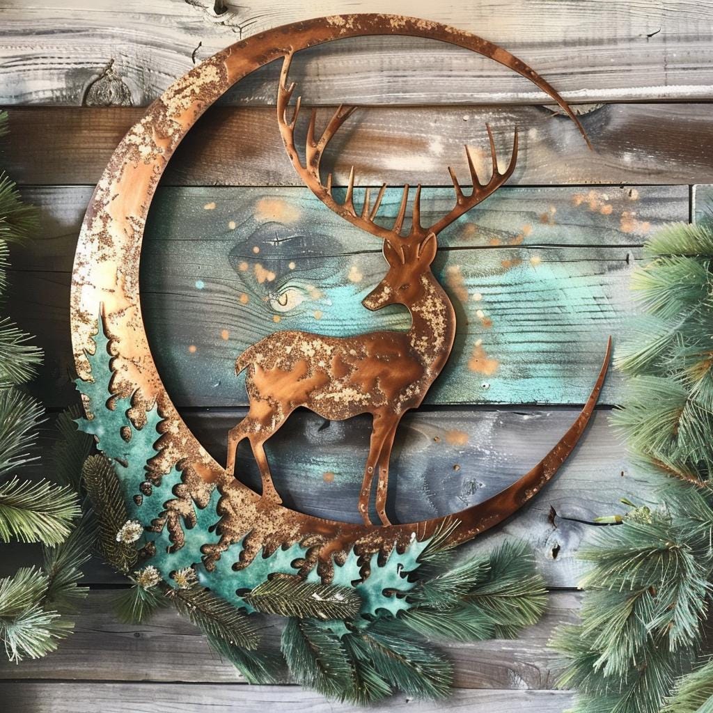 Crescent Moon Deer Metal Wall Art, Woodland Pine Branch Decor, Antique Copper Cabin Sign