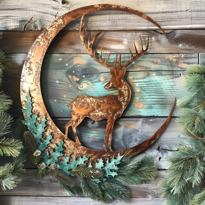 Crescent Moon Deer Metal Wall Art, Woodland Pine Branch Decor, Antique Copper Cabin Sign