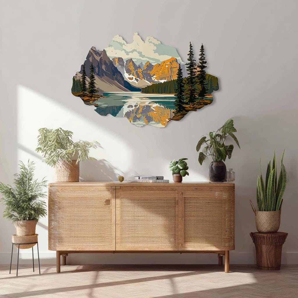 UV Printed Aluminum Mountain Lake Wall Art, Pine Forest Landscape Decor