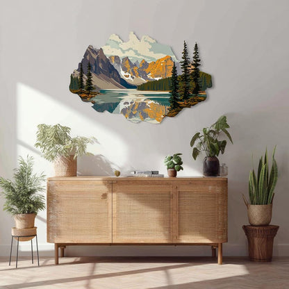 UV Printed Aluminum Mountain Lake Wall Art, Pine Forest Landscape Decor