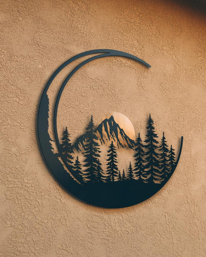 Moon Mountain Metal Art, Crescent Forest Scene, UV Printed Aluminum Wall Decor