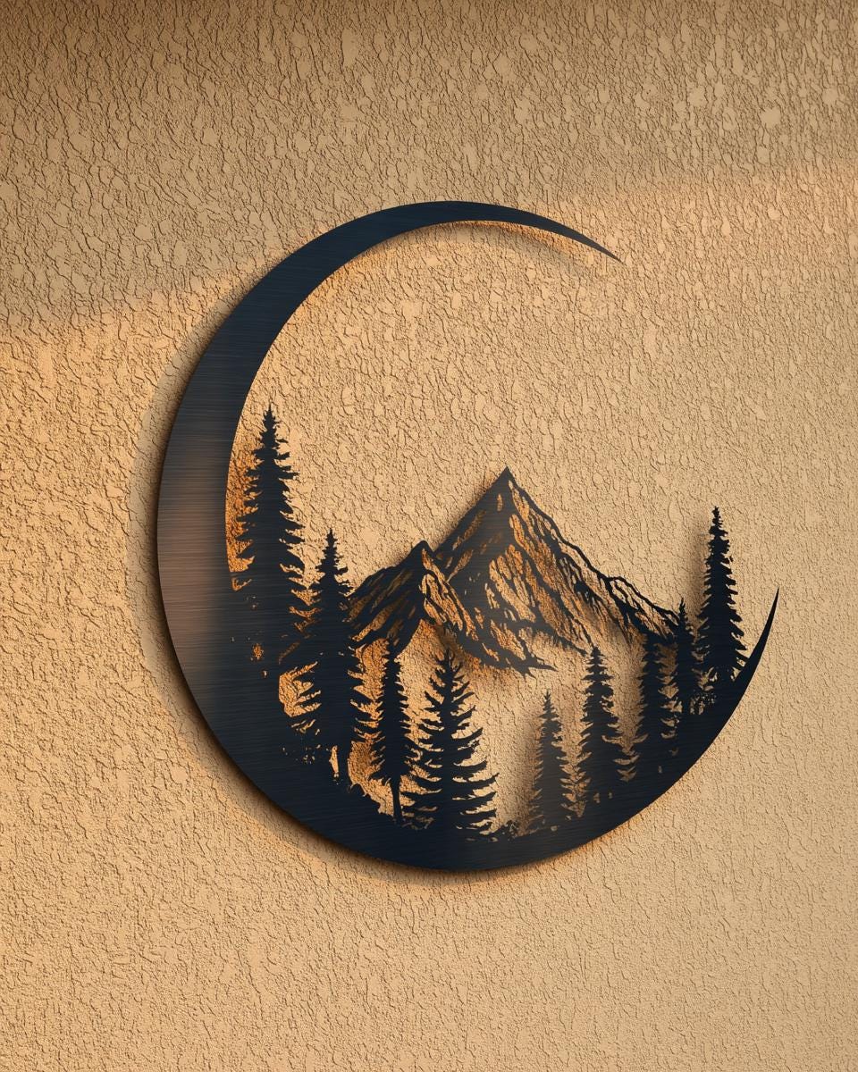 Moon Mountain Metal Art, Crescent Forest Scene, UV Printed Aluminum Wall Decor