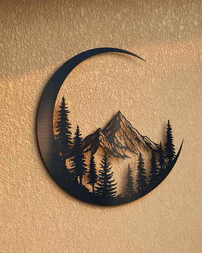 Moon Mountain Metal Art, Crescent Forest Scene, UV Printed Aluminum Wall Decor