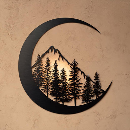 Moon Mountain Metal Art, Crescent Forest Scene, UV Printed Aluminum Wall Decor