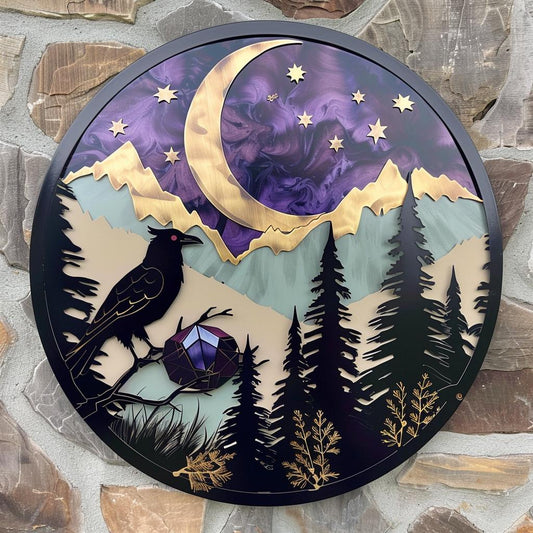 Raven Owl Celestial Moon Metal Art, Indigo Amethyst Mountain Forest Decor