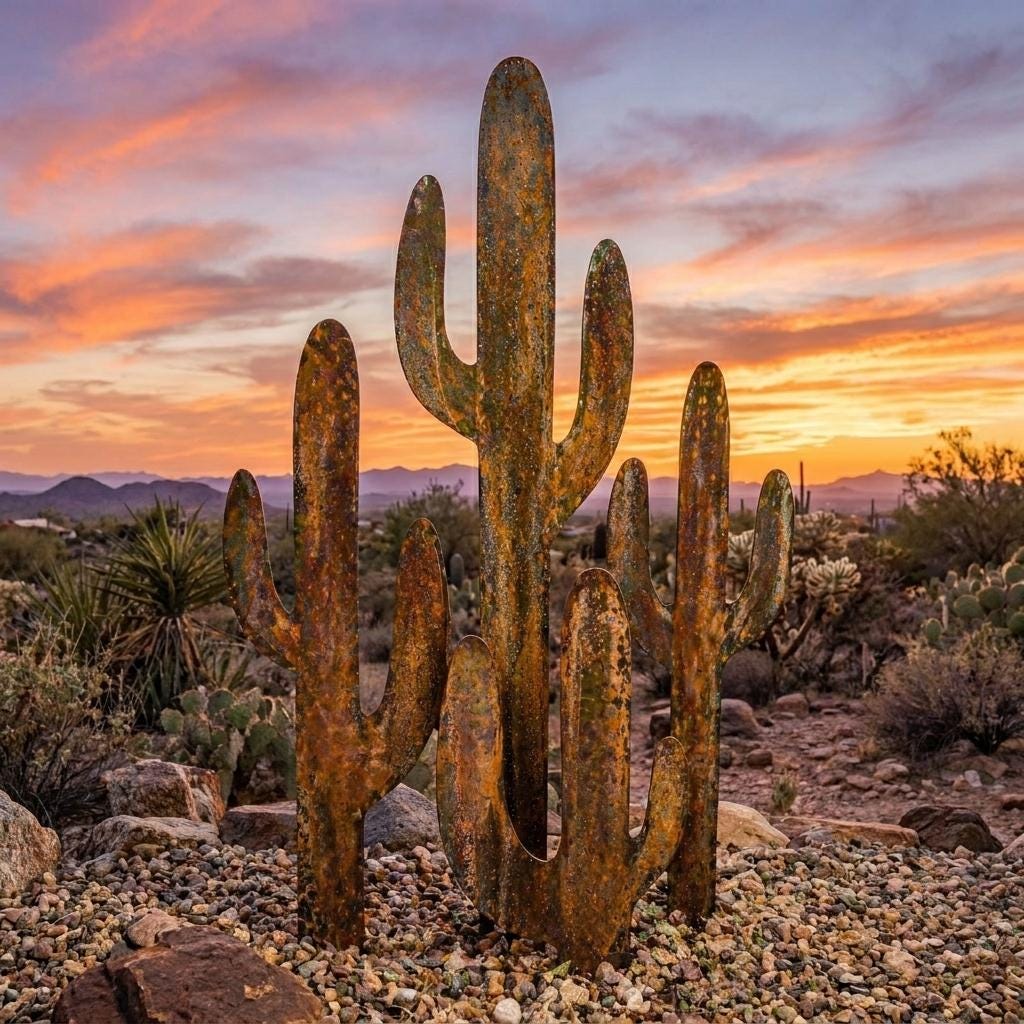 Rustic Saguaro Cactus Metal Wall Art, Southwestern Desert Decor for Patio