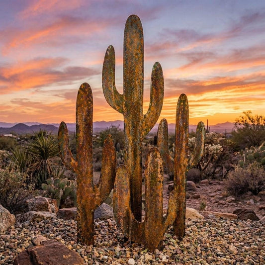 Rustic Saguaro Cactus Metal Wall Art, Southwestern Desert Decor for Patio