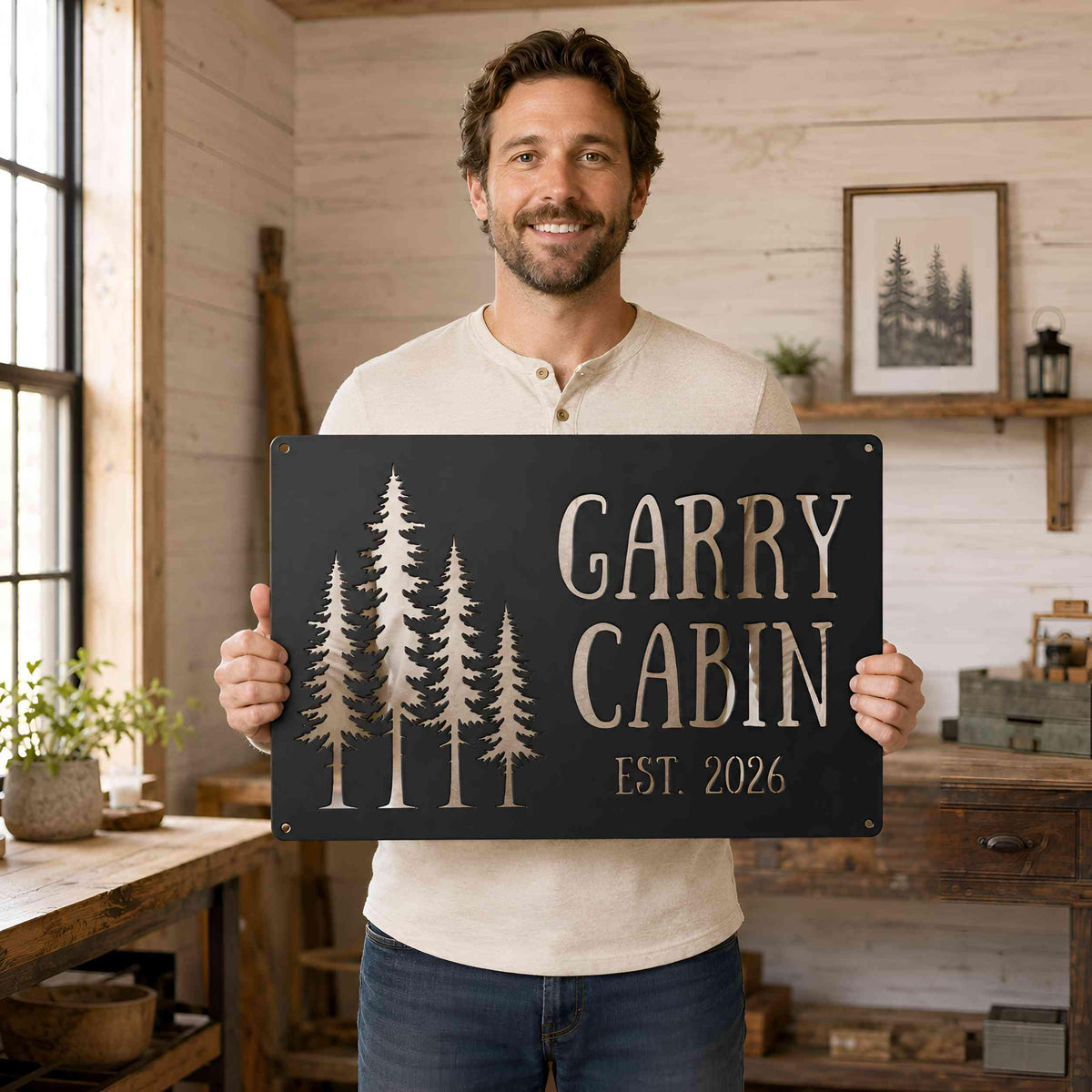 Personalized Cabin Metal Sign, Custom Family Name Sign, Pine Tree Wall Decor, Rustic Pine Forest Wall Art, Lodge House Sign, Family Gift
